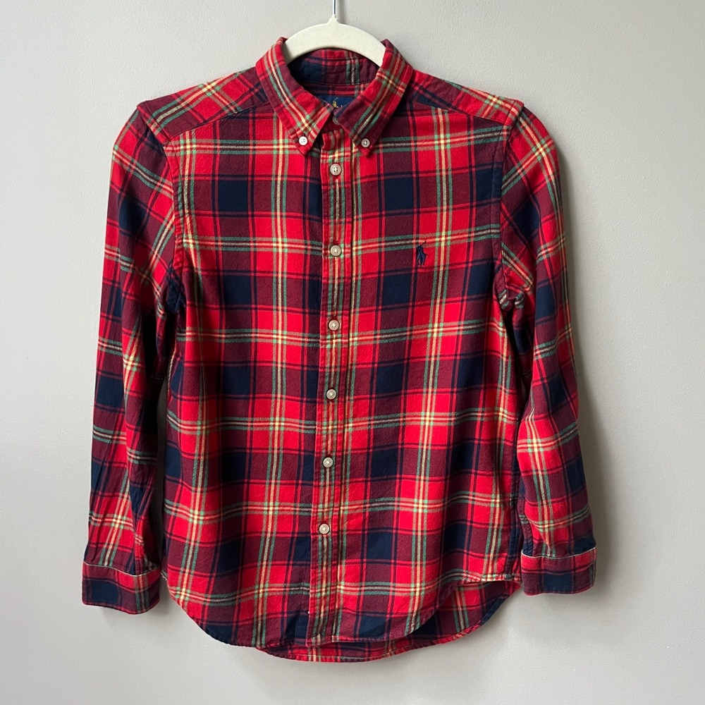 Ralph Lauren Flannel Shirt Boys Size 10/12 Red Plaid 100% Cotton Preppy Classic